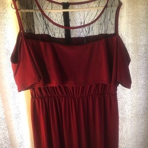 Jumpsuit, burgundy with black lace, open shoulder. Silky feel; generous stretch.